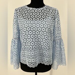 J. CREW DAISY CHAIN LACE BABY BLUE BELL‎ SLEEVE BLOUSE W/BACK ZIP, POLISHED LACE